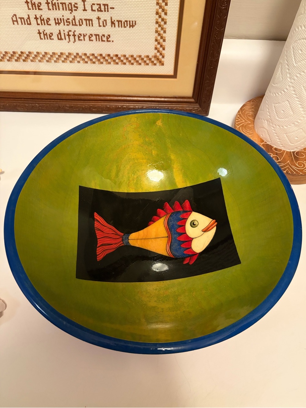 Vintage Jeanine Guncheon Studio Signed Hand Painted Wood Bowl 2000 Fish Folk Art